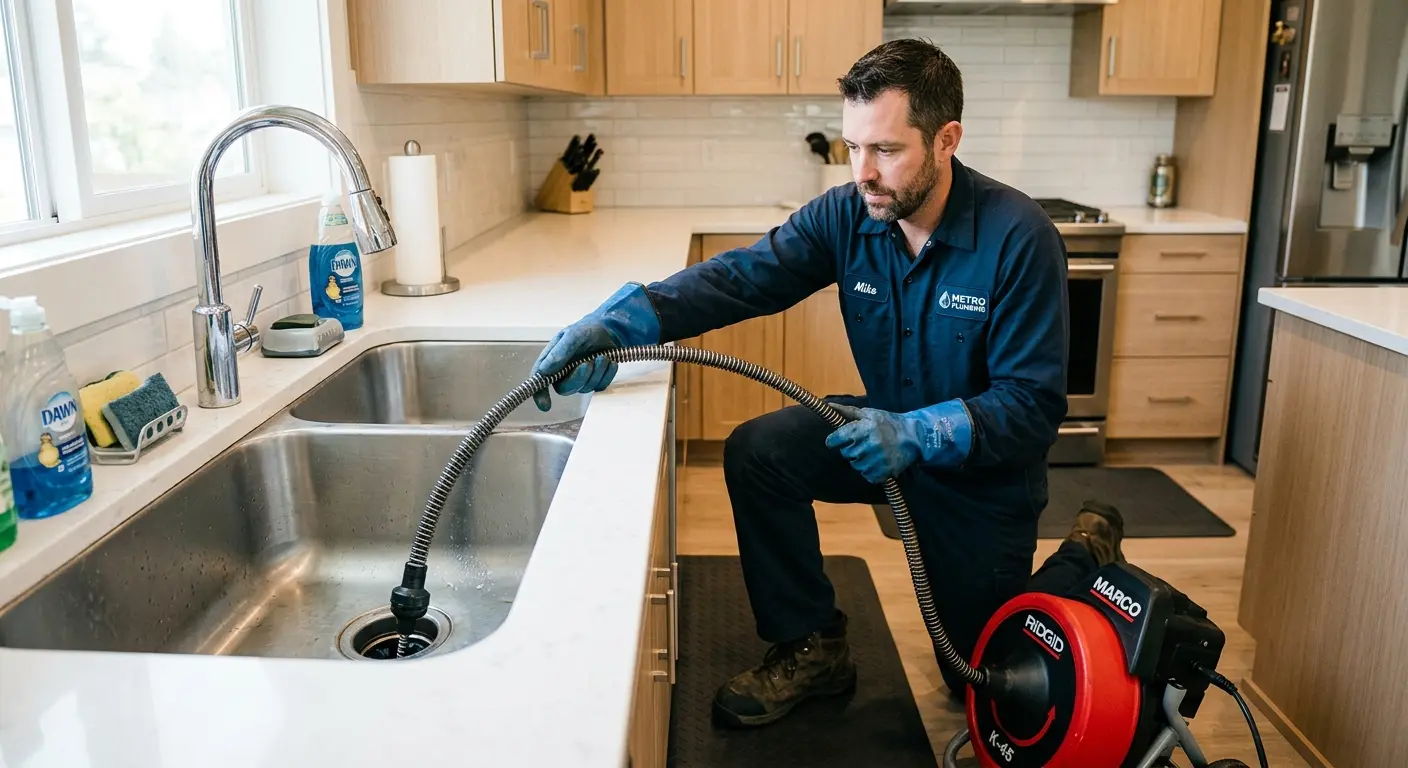 Drain cleaning technician using a motorized snake on a kitchen sink in Brownfield