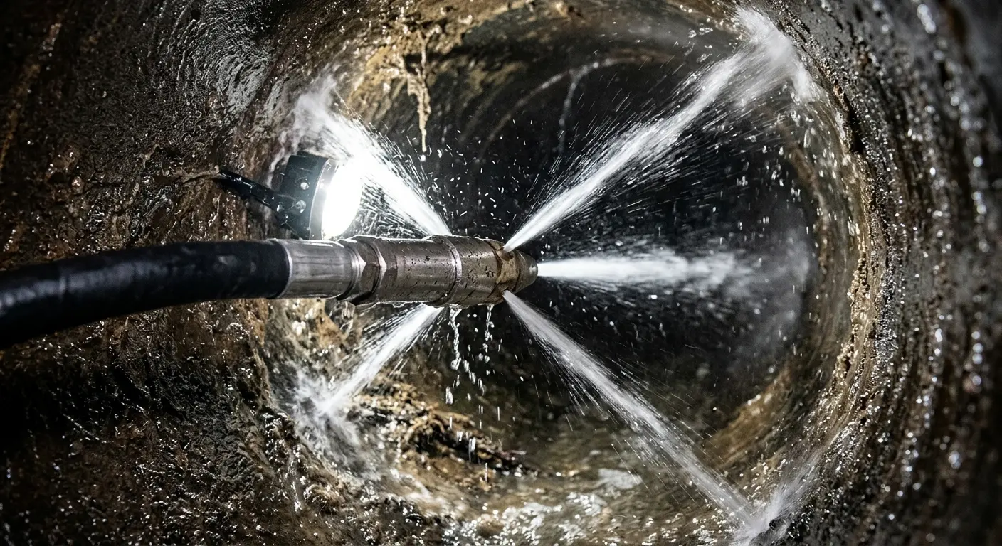 High-pressure hydro jetting nozzle cleaning sewer pipe for Trenchless Sewer Repair in Brownfield