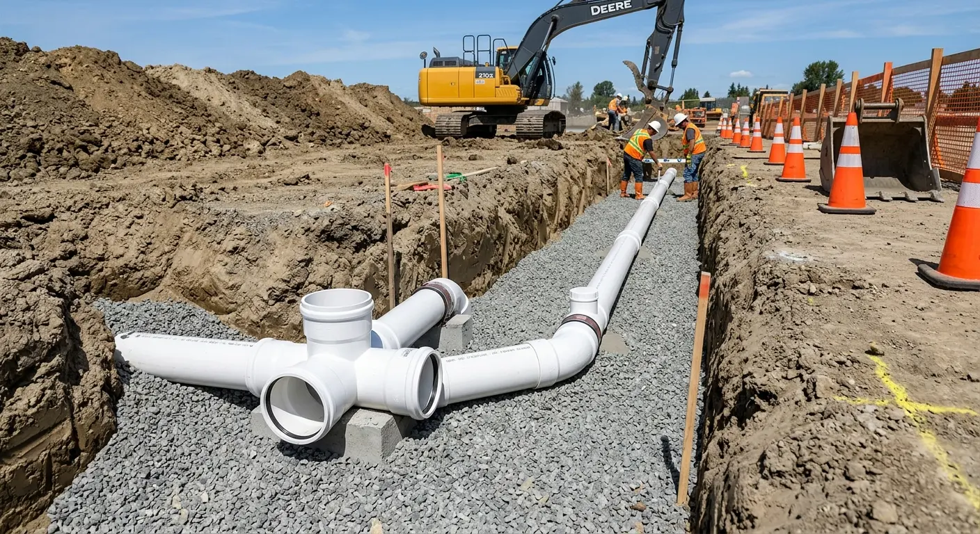 New PVC sewer pipe installation in open trench for Commercial Drain Cleaning in Brownfield