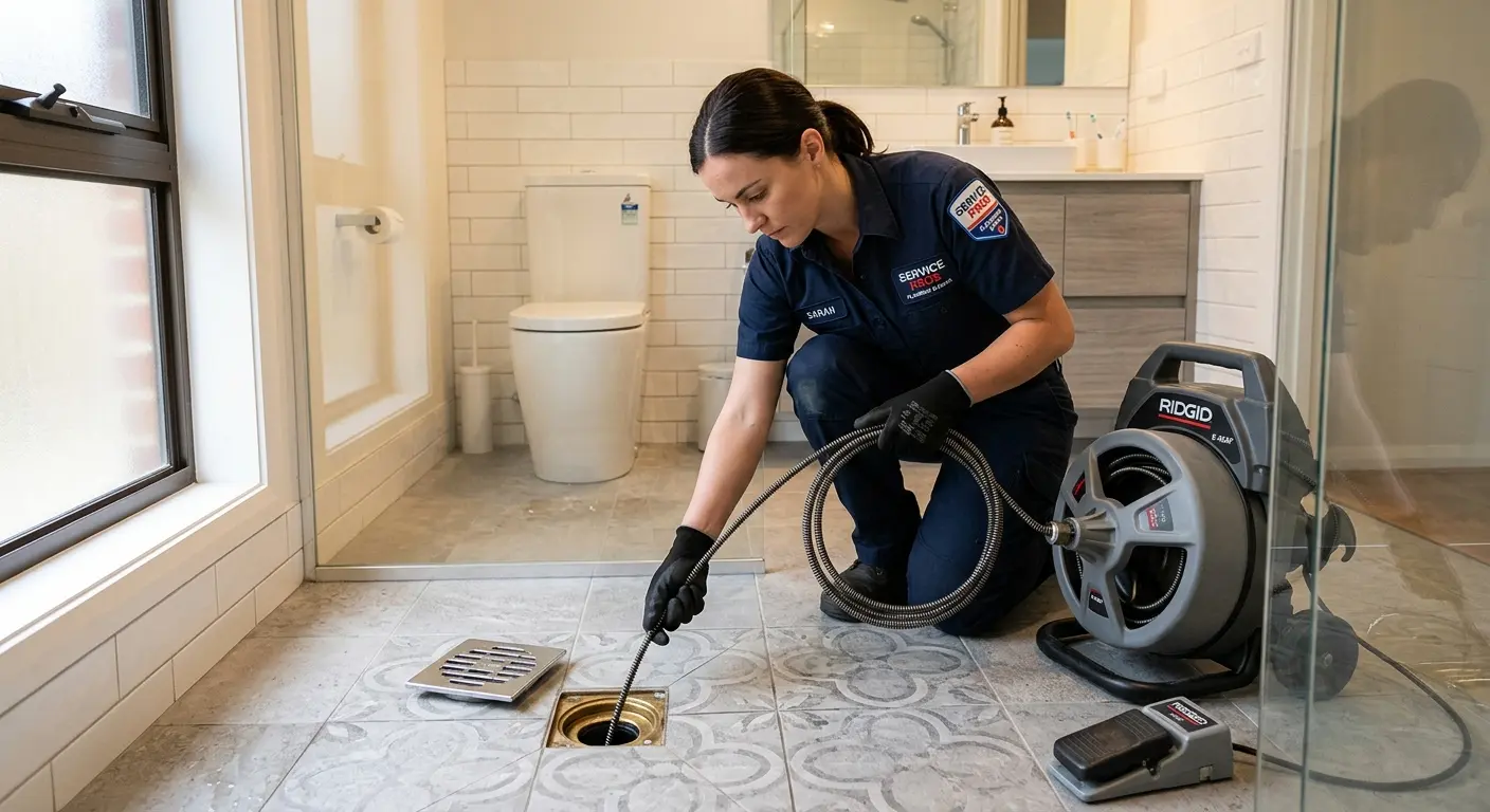 Technician clearing a bathroom floor drain for Clogged Drain Repair in Brownfield